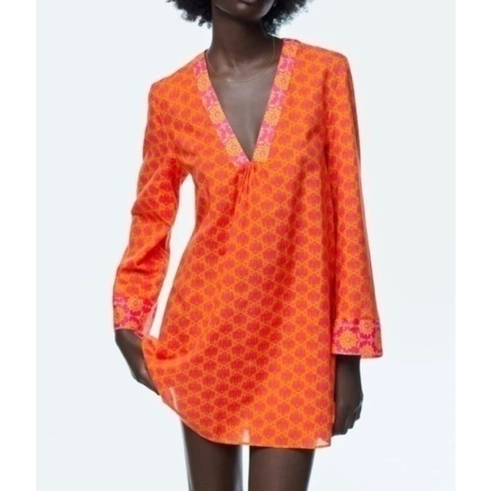 ZARA Boho Printed Tunic Beach Cover Up Mini Dress Orange Fuchsia Cotton S